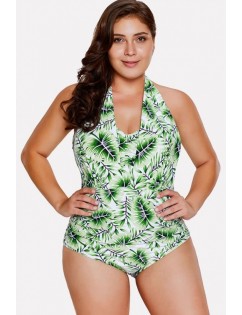 Green Leaf Print Halter Padded Sexy One Piece Swimsuit