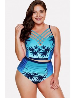 Jade-blue Coconut Print Caged Ruched Cutout Sexy Plus Size Bikini