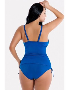 Blue Twisted Drawstring Tie Sides Sexy Plus Size Tankini Swimsuit