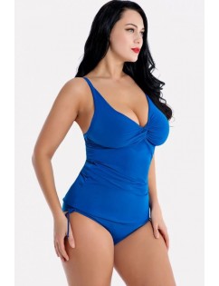 Blue Twisted Drawstring Tie Sides Sexy Plus Size Tankini Swimsuit