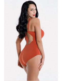 Orange Wrap Ruched Backless Sexy Plus Size One Piece Swimsuit