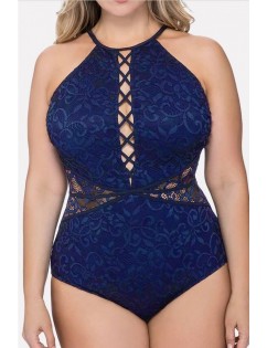 Dark-blue Crochet Lace Splicing Sexy Plus Size One Piece Swimsuit