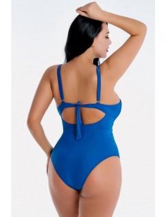 Blue Pleated U Neck Tied Back Sexy Plus Size One Piece Swimsuit