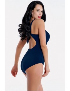 Dark-blue Wrap Ruched Backless Sexy Plus Size One Piece Swimsuit