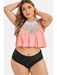 Pink Ruffles Crochet Hollow Out Halter Sexy Plus Size Bikini