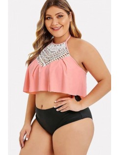 Pink Ruffles Crochet Hollow Out Halter Sexy Plus Size Bikini
