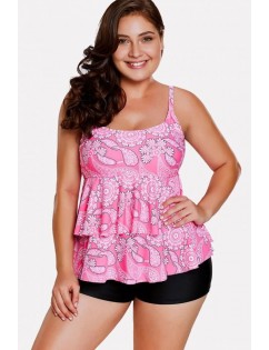 Pink Floral Print Ruffles Tiered Sexy Plus Size Tankini Swimsuit