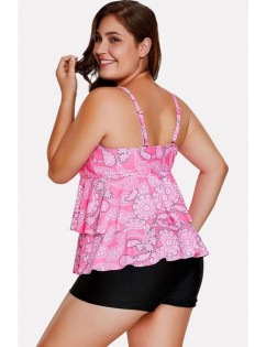 Pink Floral Print Ruffles Tiered Sexy Plus Size Tankini Swimsuit