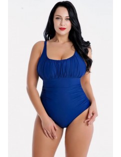 Dark-blue Pleated U Neck Tied Back Sexy Plus Size One Piece Swimsuit