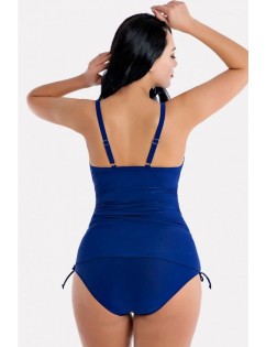 Dark-blue Twisted Drawstring Tie Sides Sexy Plus Size Tankini Swimsuit