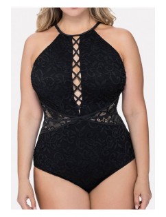 Black Crochet Lace Splicing Sexy Plus Size One Piece Swimsuit