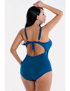 Blue Wrap Ruched Backless Sexy Plus Size One Piece Swimsuit