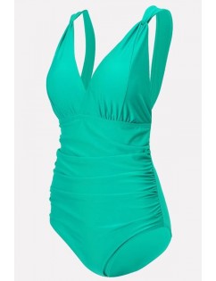 Light-green V Neck Ruched Padded Sexy One Piece Swimsuit