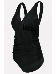 Black V Neck Ruched Padded Sexy One Piece Swimsuit