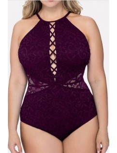 Purple Crochet Lace Splicing Sexy Plus Size One Piece Swimsuit