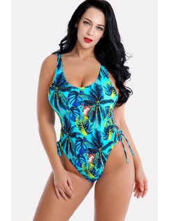 Light-blue Coconut Lace Up High Cut Sexy Plus Size One Piece Swimsuit