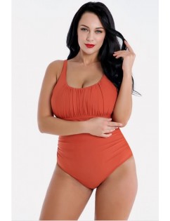 Orange Pleated U Neck Tied Back Sexy Plus Size One Piece Swimsuit
