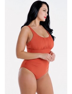 Orange Pleated U Neck Tied Back Sexy Plus Size One Piece Swimsuit