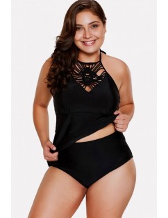 Black Braided Strappy Halter Sexy Plus Size Tankini Swimsuit