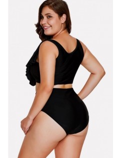 Black Lace Up Ruffles Padded High Waist Sexy Bikini Swimsuit