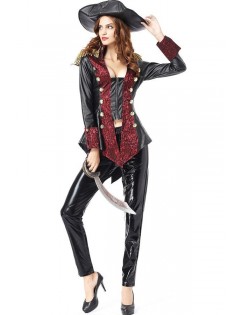 Black Red Faux Leather Pirate Captain Costume