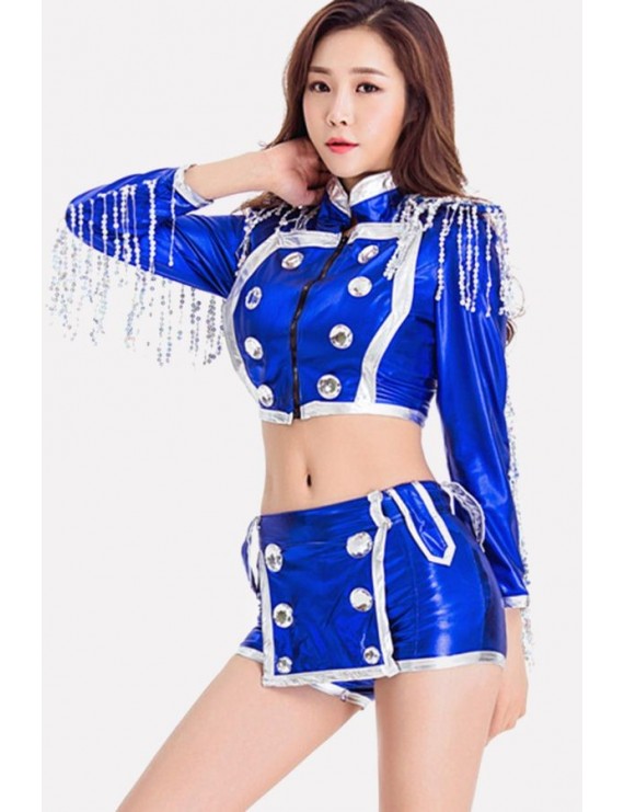 Blue Sexy Patent Leather Dancer Costume
