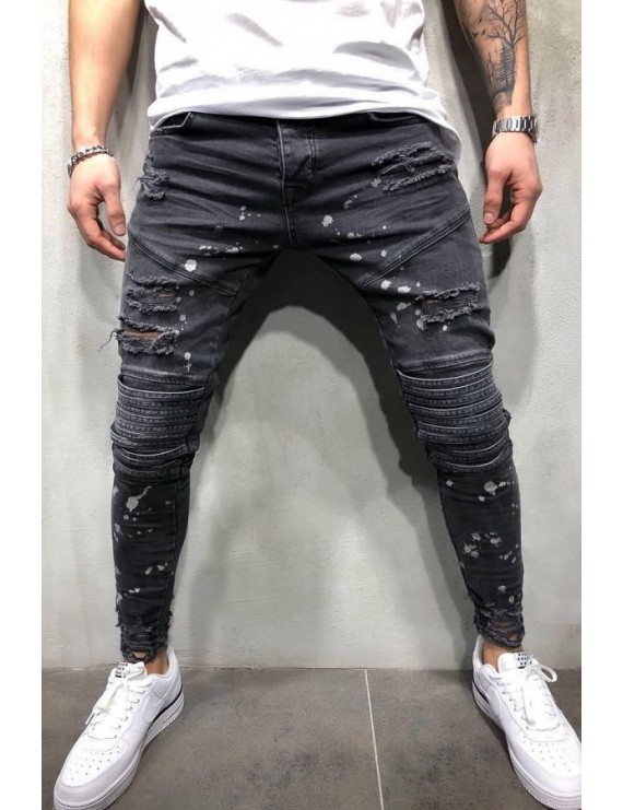 Men Black Drip Print Ripped Casual Slim Jeans