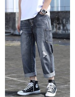 Men Blue Ripped Pocket Casual Straight Jeans