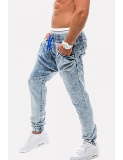 Men Light-blue Slant Pocket Drawstring Waist Casual Jeans