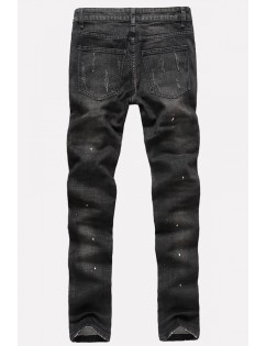 Men Black Ripped Zipper Decorate Casual Straight Jeans