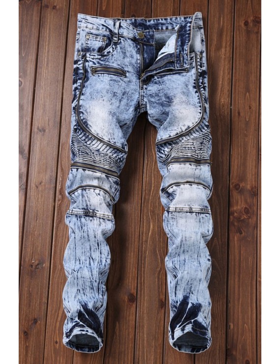 Men Blue Zipper Decor Ruched Casual Jeans