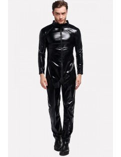 Men Black Patent Leather Motorcycle Rider Halloween Cosplay Costume