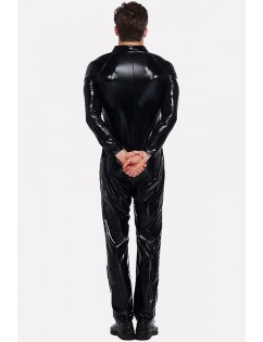 Men Black Patent Leather Motorcycle Rider Halloween Cosplay Costume