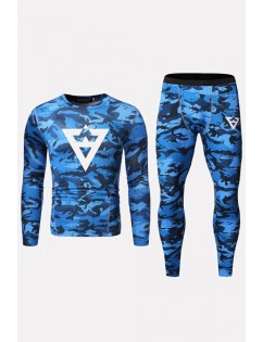 Men Blue Camo Print Round Neck Long Sleeve High Waist Sports Tee Leggings Set
