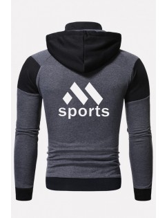 Men Black Letters Print Zipper Up Long Sleeve Hooded Sports Coats