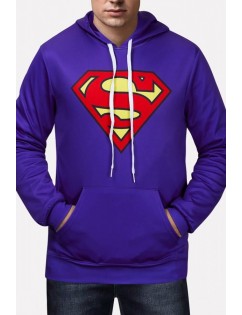 Men Purple Superman Printed Pocket Front Hooded Sports Sweatshirt