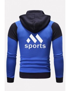 Men Blue Letters Print Drawstring Zipper Up Long Sleeve Sports Hoodie