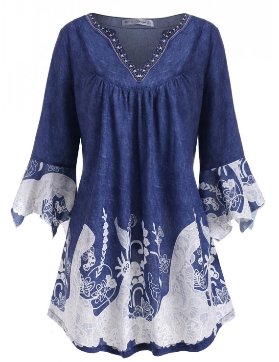 Notched Printed Flare Sleeve Plus Size Top - Blue L