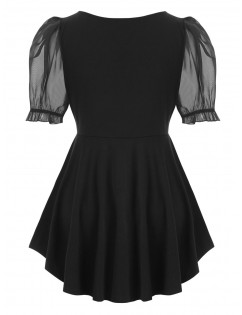 Plus Size Puff Sleeve Ruched Peplum Top - Black 4x