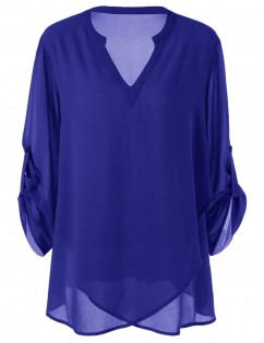 Plus Size Split-Neck Adjustable Sleeve Blouse - Blue 3xl