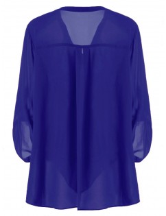 Plus Size Split-Neck Adjustable Sleeve Blouse - Blue 3xl