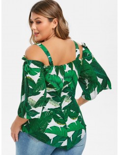 Leaves Print Open Shoulder Knotted Plus Size Blouse - Green L