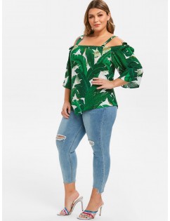 Leaves Print Open Shoulder Knotted Plus Size Blouse - Green L