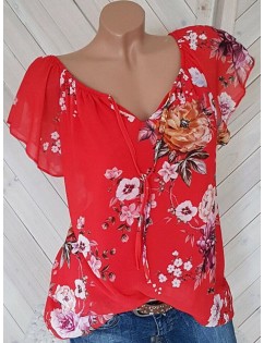 Plus Size Tie Front Floral Print Blouse - Red 2x