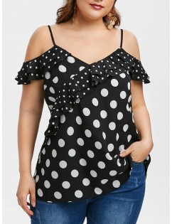 Polka Dot Plus Size Ruffled Open Shoulder Blouse - Black 2x