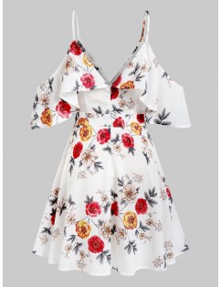 Plus Size Open Shoulder Cami Floral Print Blouse - Milk White L