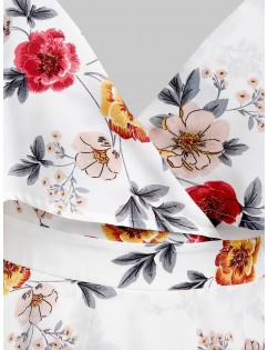 Plus Size Open Shoulder Cami Floral Print Blouse - Milk White L