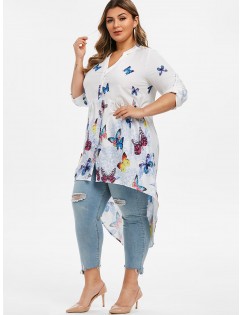 Plus Size Butterfly Print High Low Button Up Top - White L
