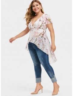 Plus Size Plunging Neck Peach Blossom High Low Blouse - Pink L
