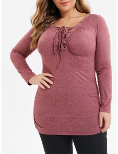 Plus Size Lace Up Grommet Long Sleeve Tunic Tee - Red Wine 3x